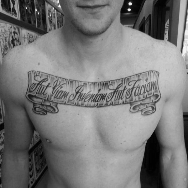 Cool Scroll Male Upper Chest Banner Tattoo Designs