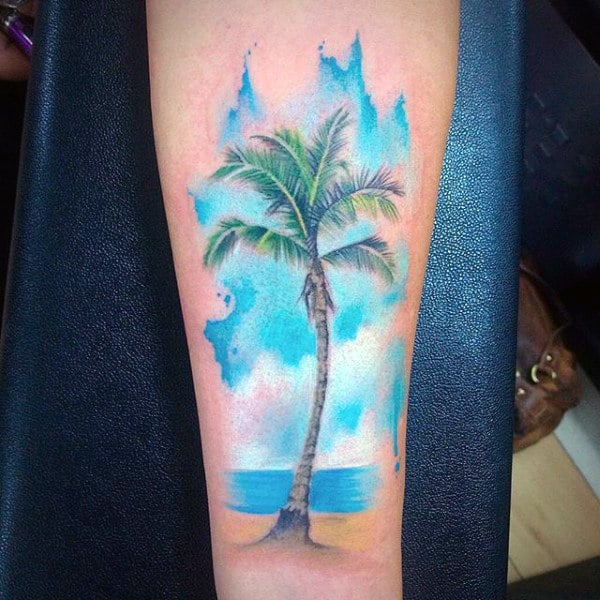 Cool Sea Blue Palm Tree Tattoo On Legs For Males