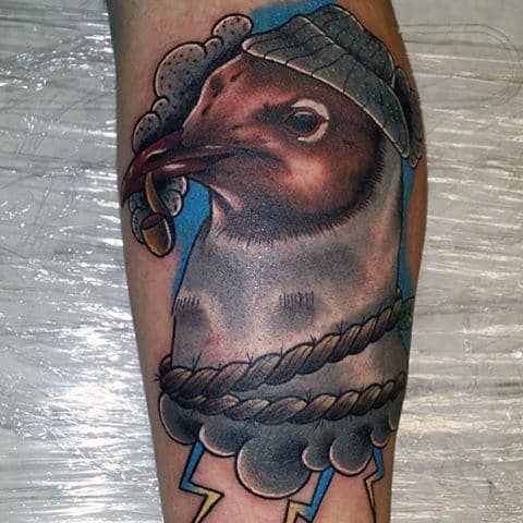 Cool Seagull With Hat And Pipe Mens Creative Leg Tattoos