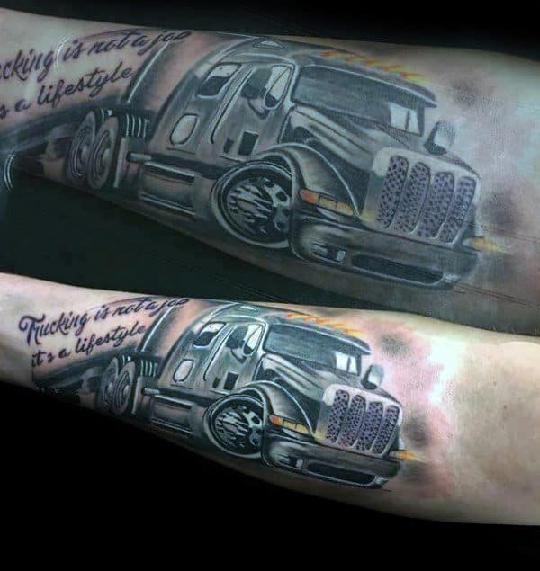 Cool Semi Truck Mens Inner Forearm Tattoo Ideas