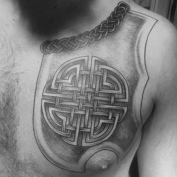 Cool Shaded Black And Grey Guys Celtic Knot Upper Chest Tattoo