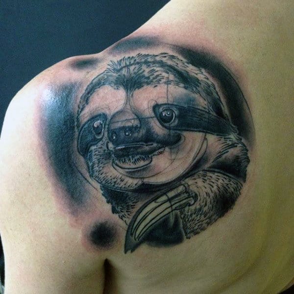 Cool Shaded Black And Grey Ink Sloth Upper Back Tattoos For Guys