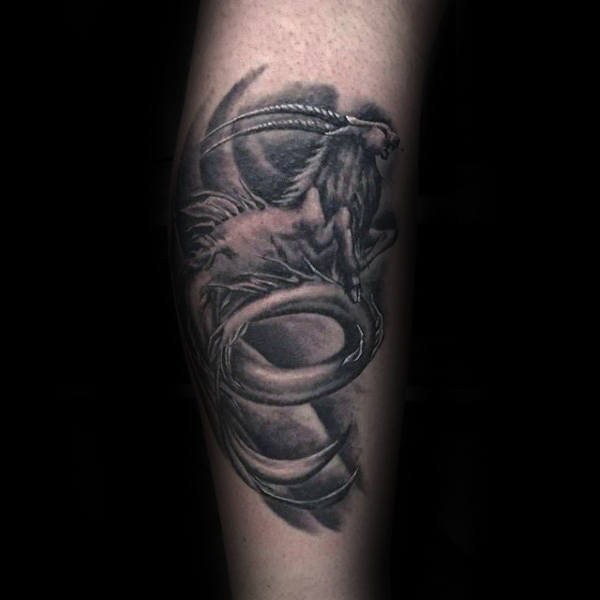 Cool Shaded Capricorn Black And Grey Leg Tattoos For Gentlemen