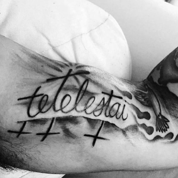 Cool Shaded Cross Tetelestai Inner Arm Bicep Tattoos For Guys