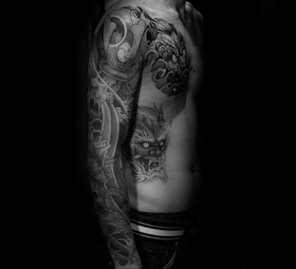 Cool Shaded Foo Dog Black And Grey Ink Gentlemens Full Sleeve Tattoo