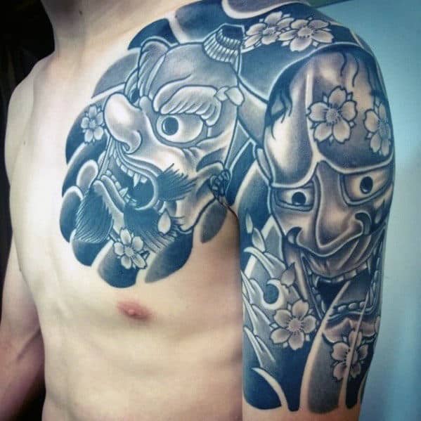 Cool Shaded Guys Cherry Blossom Flower Demon Mask Half Sleeve Japanese Tattoos