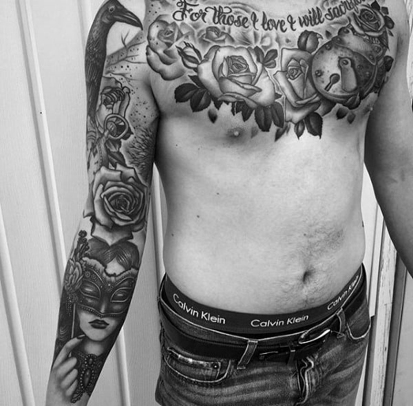 Cool Shaded Mens Upper Chest Lock Tattoos