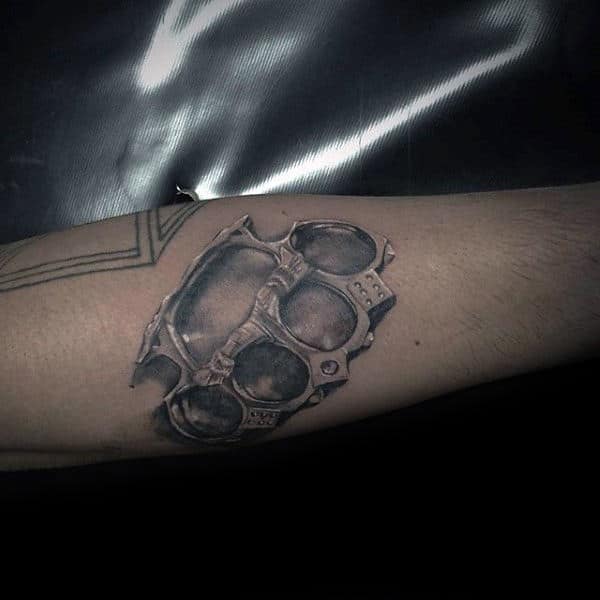 Cool Shaded Realistic Male Brass Knuckles Forearm Tattoo