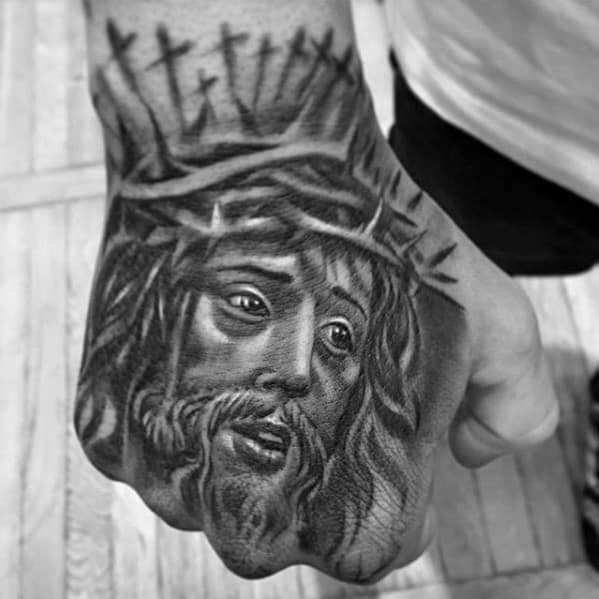 Cool Shadow Cross With Crown Of Thorns Mens Jesus Christian Hand Tattoo