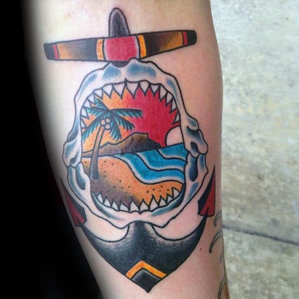 Cool Shark Jaw With Anchor And Beach Guys Old School Tattoos