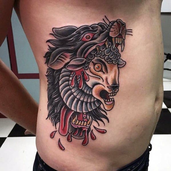 Lion’s head emerging from a sheep’s head on the side, dripping blood, in bold traditional style.