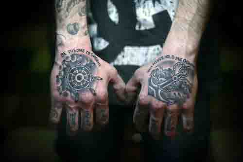Cool Ship Wheel And Anchor Mens Hand Tattoos