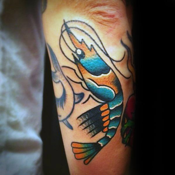 Cool Shrimp Tattoo Design Ideas For Males On Outer Forearm