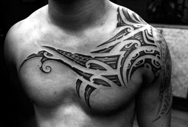 Cool Sick Tribal Chest And Shoulder Tattoos For Gentlemen