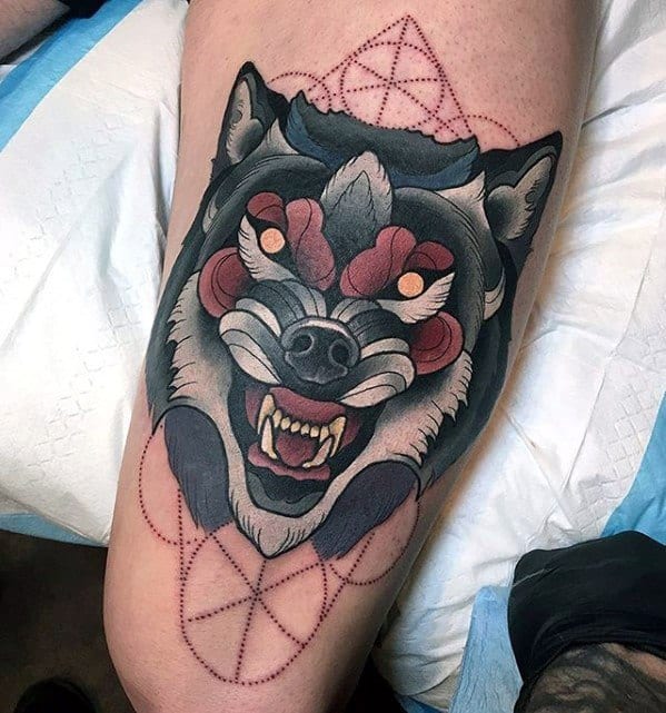 Cool Sick Wolf Geometric Thigh Tattoo Design Ideas For Male