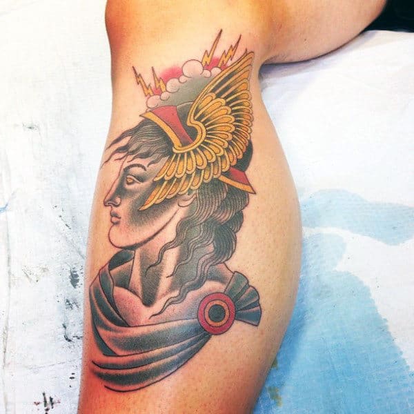 Cool Side Of Leg Male Hermes Portrait Tattoo
