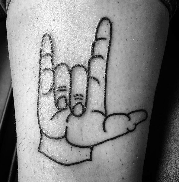 simple black outline tattoo of a hand making the "I love you" sign in American Sign Language, inked on the skin
