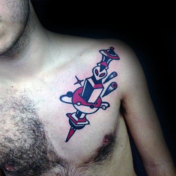 Cool Simple Dagger Black And Red Ink Male Chest Tattoos