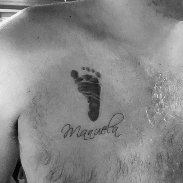 cool simple kids name footprint mens upper chest tattoo