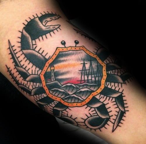 Cool Sinking Ship Crab Themed Inner Arm Bicep Tattoo Design Ideas For Male
