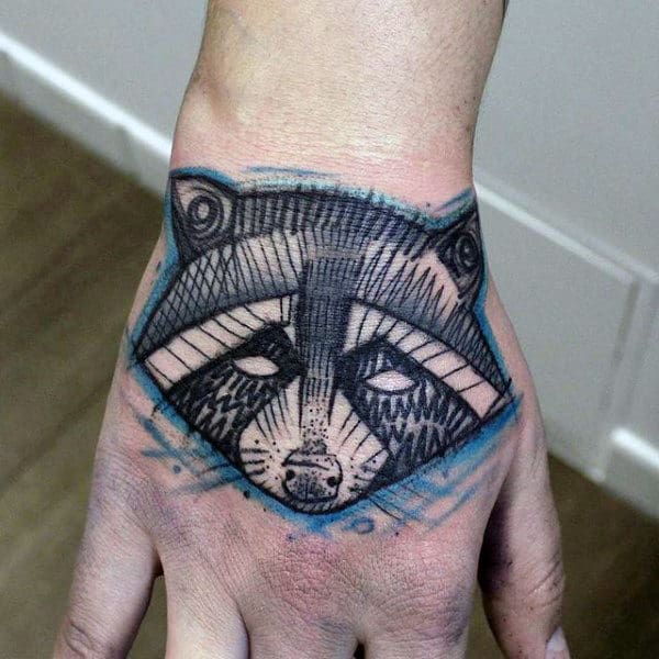 Cool Sketched Raccoon Male Hand Tattoos