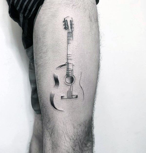Cool Sketched Simple Music Guitar Thigh Tattoos For Men
