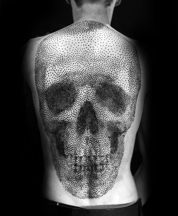 Back tattoo of a large skull made up of small dots