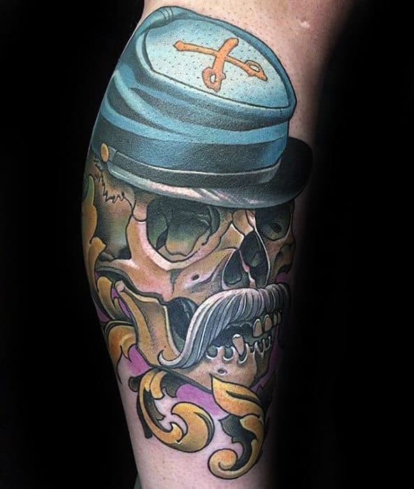 Cool Skull With Hat Leg Male Rad Tattoo Designs