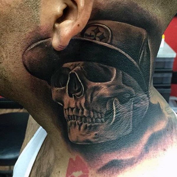 Realistic throat tattoo of a detailed skull wearing a hat, featuring bold shading and a three-dimensional effect for a striking look