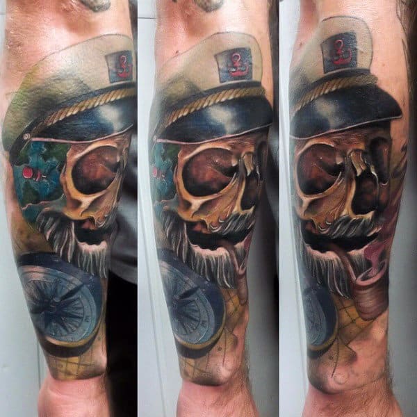 Cool Skull With Police Hat Manly Tattoo Male Forearms
