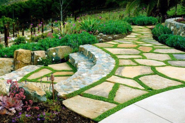 Sloped garden with a flagstone pathway, stone steps, and lush greenery creating a natural and inviting outdoor landscape design
