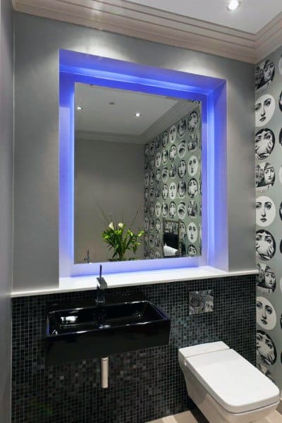 modern bathroom black sink led lights around mirror black mosaic tiles