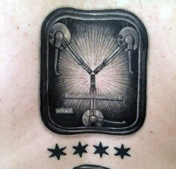 Cool Small Detailed Back To The Future Guys Back Tattoos