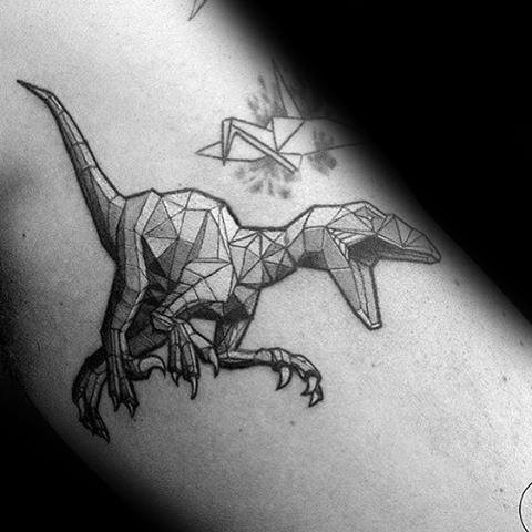 Cool Small Geometric Velociraptor Dinosaur Mens Arm Tattos With Shaded Design