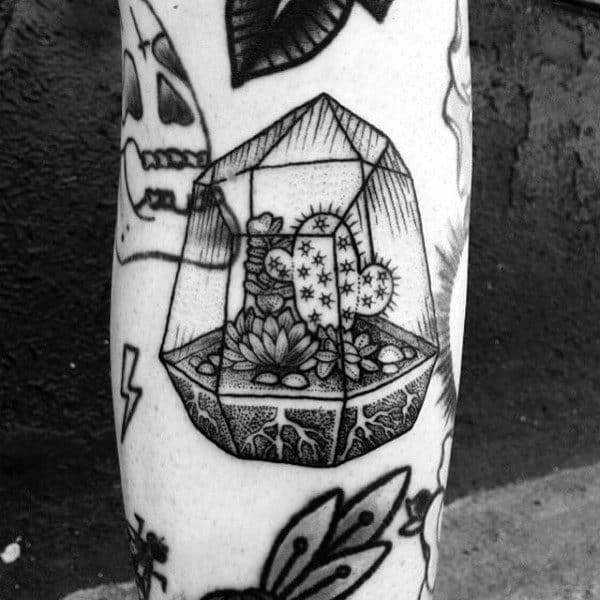 Cool Small Glass Encased Cactus Plant Black Ink Shaded Tattoo