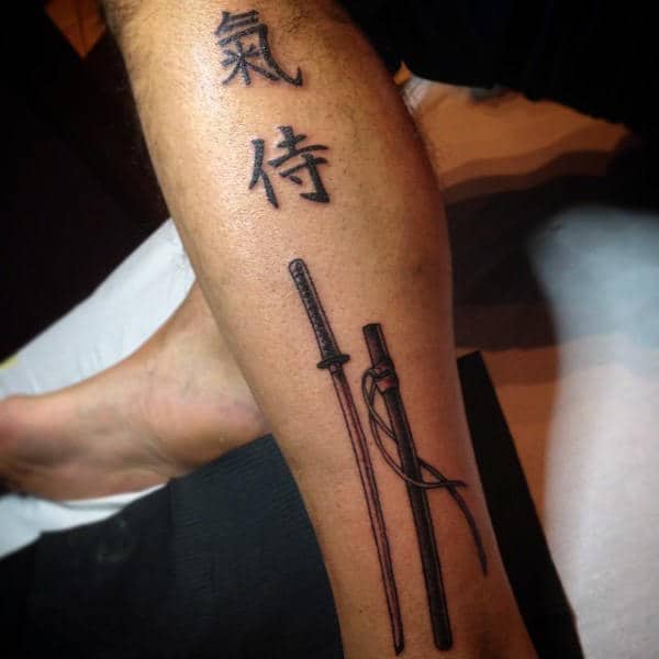 Cool Small Katana Male Leg Tattoo Ideas