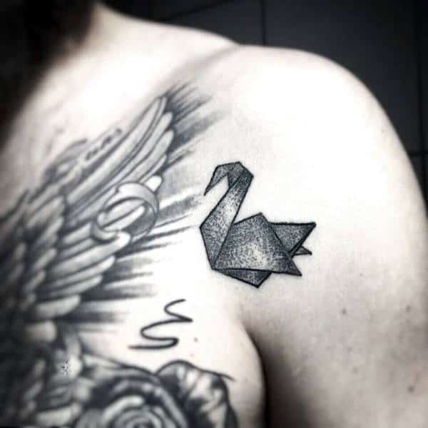 Cool Small Male Shaded Origami Swan Shoulder Tattoo Designs