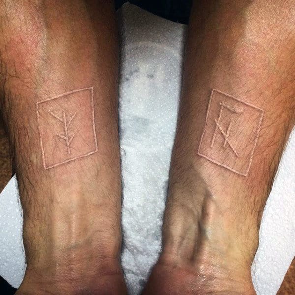 Cool Small Mens White Ink Lettering Wrist Tattoo