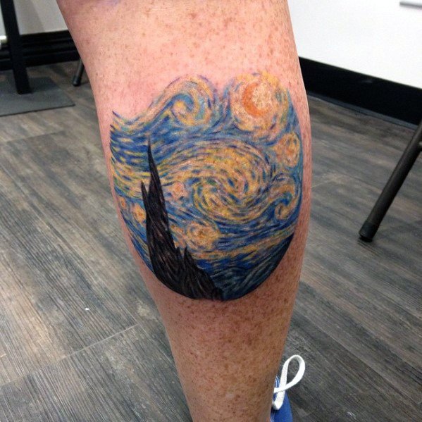 Cool Small Starry Night Leg Calf Tattoos For Guys