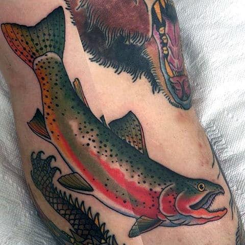 Cool Small Trout Tattoo On Leg For Guys