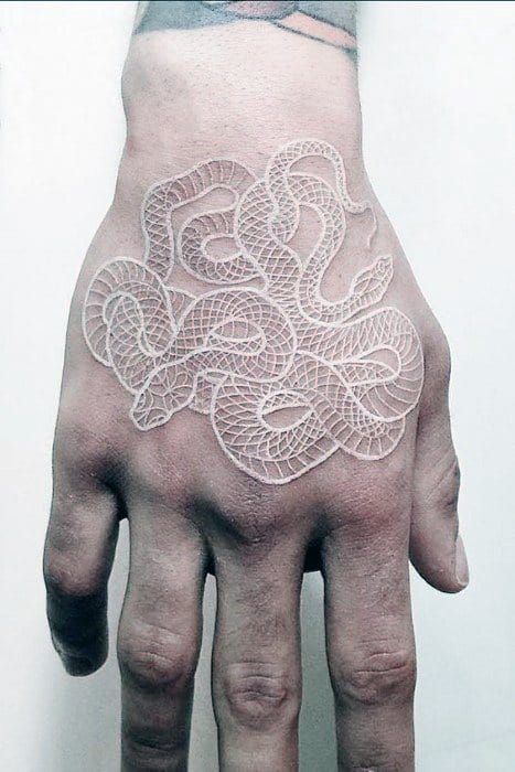 Cool Small Unique White Ink Snake Mens Hand Tattoos