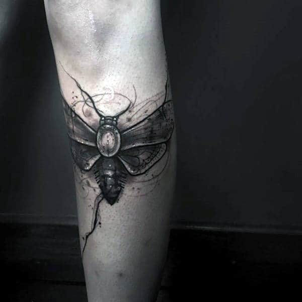 Cool Small Watercolor Moth Tattoo For Guys On Leg