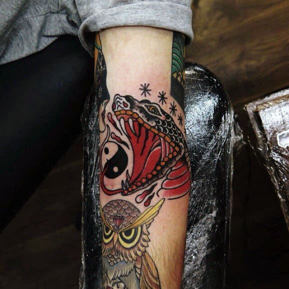 Cool Snake And Owl Yin Yang Forearm Tattoos For Men