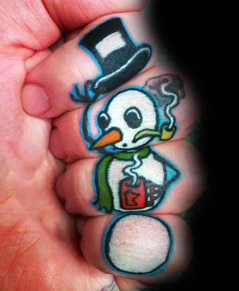 Creative snowman tattoo on fingers, featuring a top hat, scarf, and a cup of hot cocoa, with a playful and animated design.