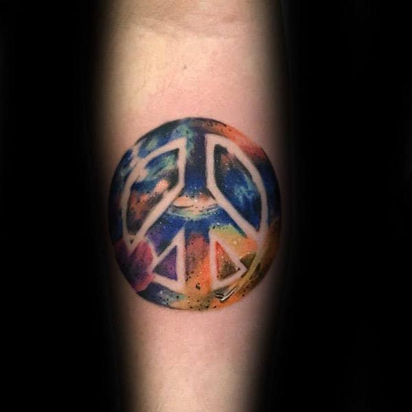 Cool Space Peace Sign Watercolor Guys Inner Forearm Tattoo Design Ideas