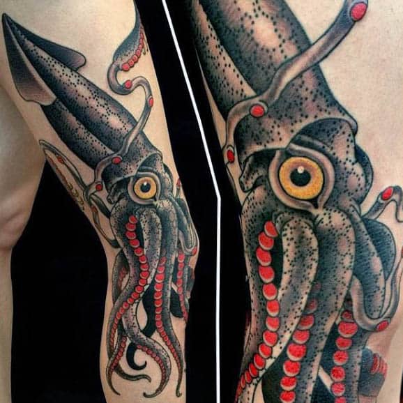Cool Squid Tattoos For Males Grey With Red Tentacles