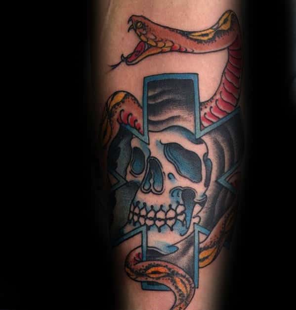 Cool Star Of Life Skull Retro Old School Traditional Tattoos For Men On Forearm