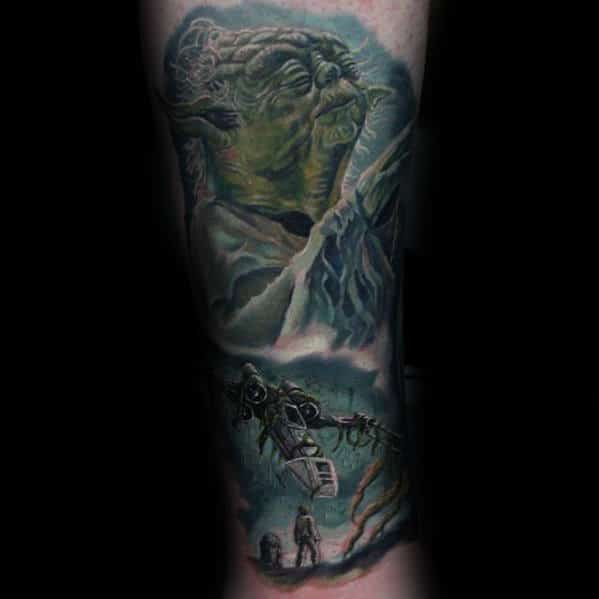 Cool Star Wars Movie Themed Guys Yoda Leg Sleeve Tattoo Design Ideas