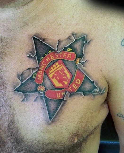 Cool Stone 3d Star Upper Chest Manchester United Tattoo Design Ideas For Male