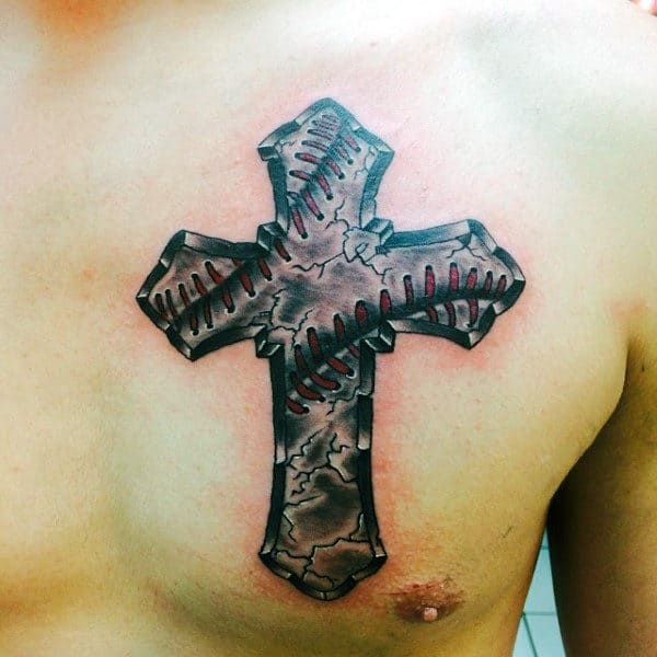Cool Stone Baseball Cross Male Tattoo On Upper Chest